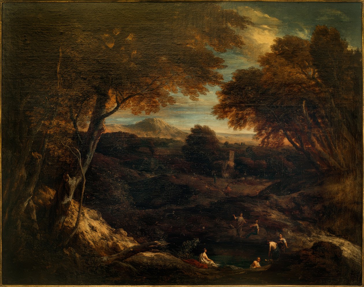 Ampla paisagem clássica com figuras de banho em primeiro plano de Cornelis Huysmans