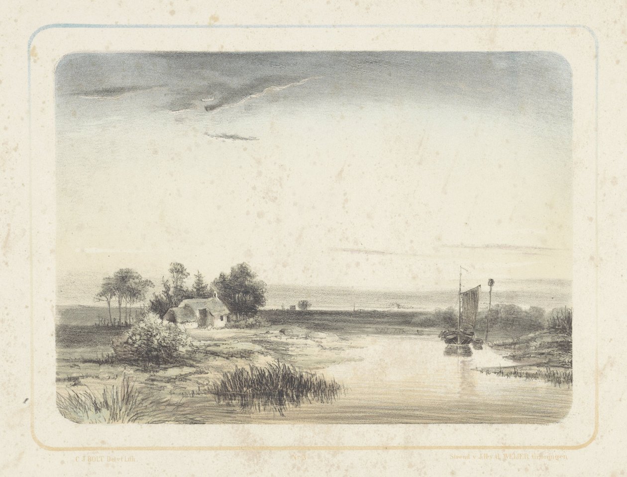 Paisagem do rio com casa e veleiro Seis paisagens (título da série) de Cornelis Jan Bolt