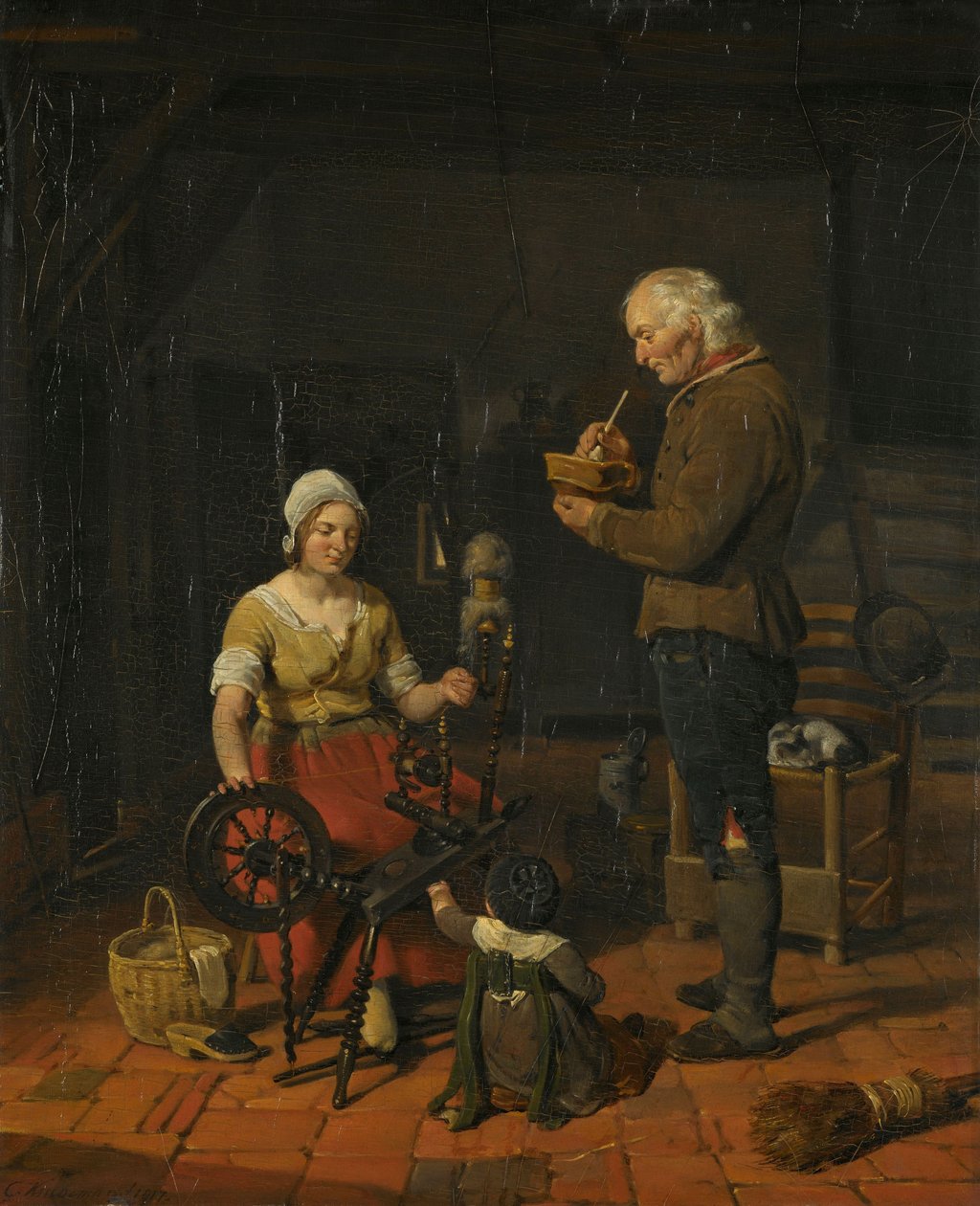 Interior com família camponesa e gato adormecido de Cornelis Kruseman