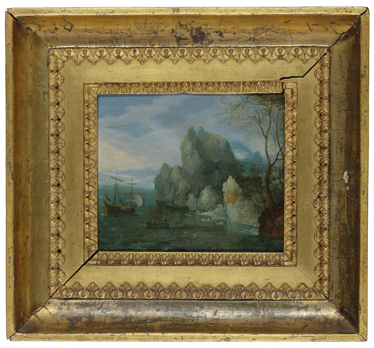 Uma paisagem costeira rochosa com figuras na costa e uma galera atracada (óleo sobre cobre) de Cornelis Liefrinck