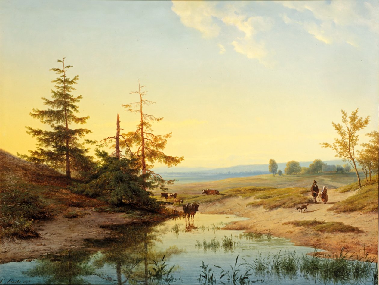 Um charneca com figuras e gado por um lago de Cornelis Lieste