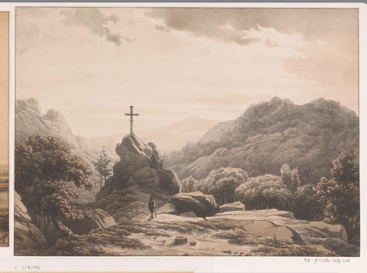 Paisagem de montanha com cruz sobre uma rocha de Cornelis Lieste