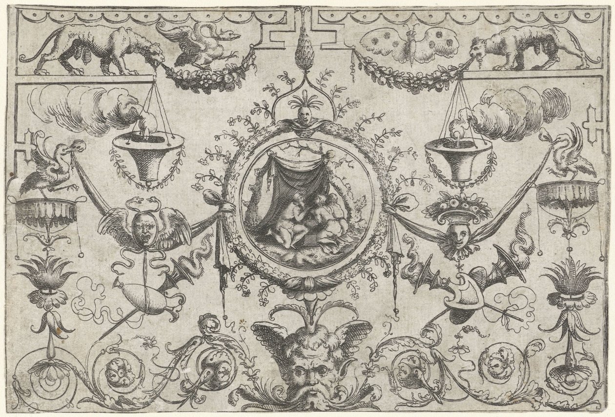 Ornamento com três figuras ajoelhadas sob um pano de Cornelis Massijs (attributed to)