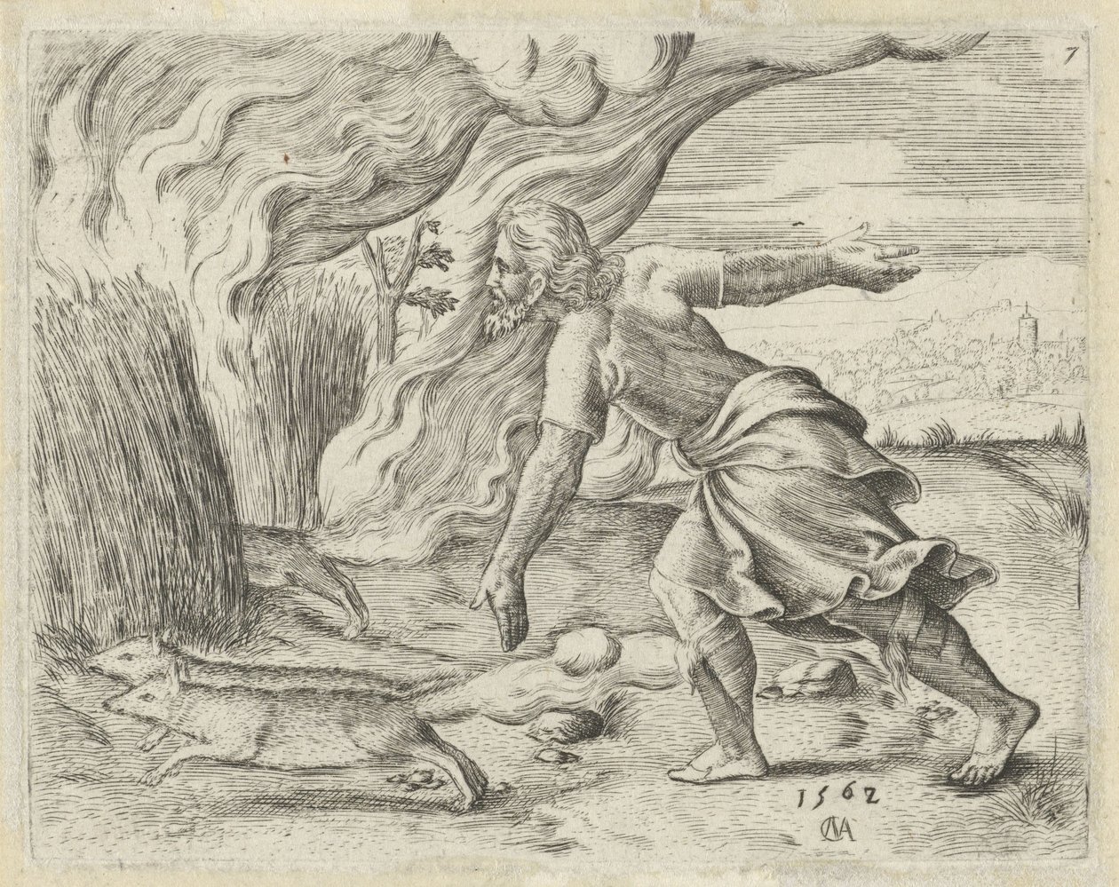 Sansão ateia fogo aos campos de milho dos filisteus
História de Sansão (título da série) de Cornelis Massijs