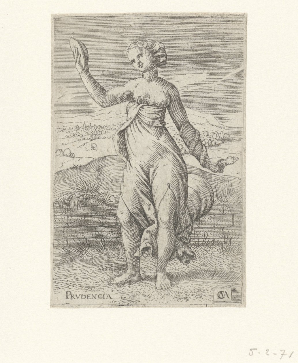 Prudência
Prudência (título sobre o objecto)
As virtudes (título da série) de Cornelis Massijs