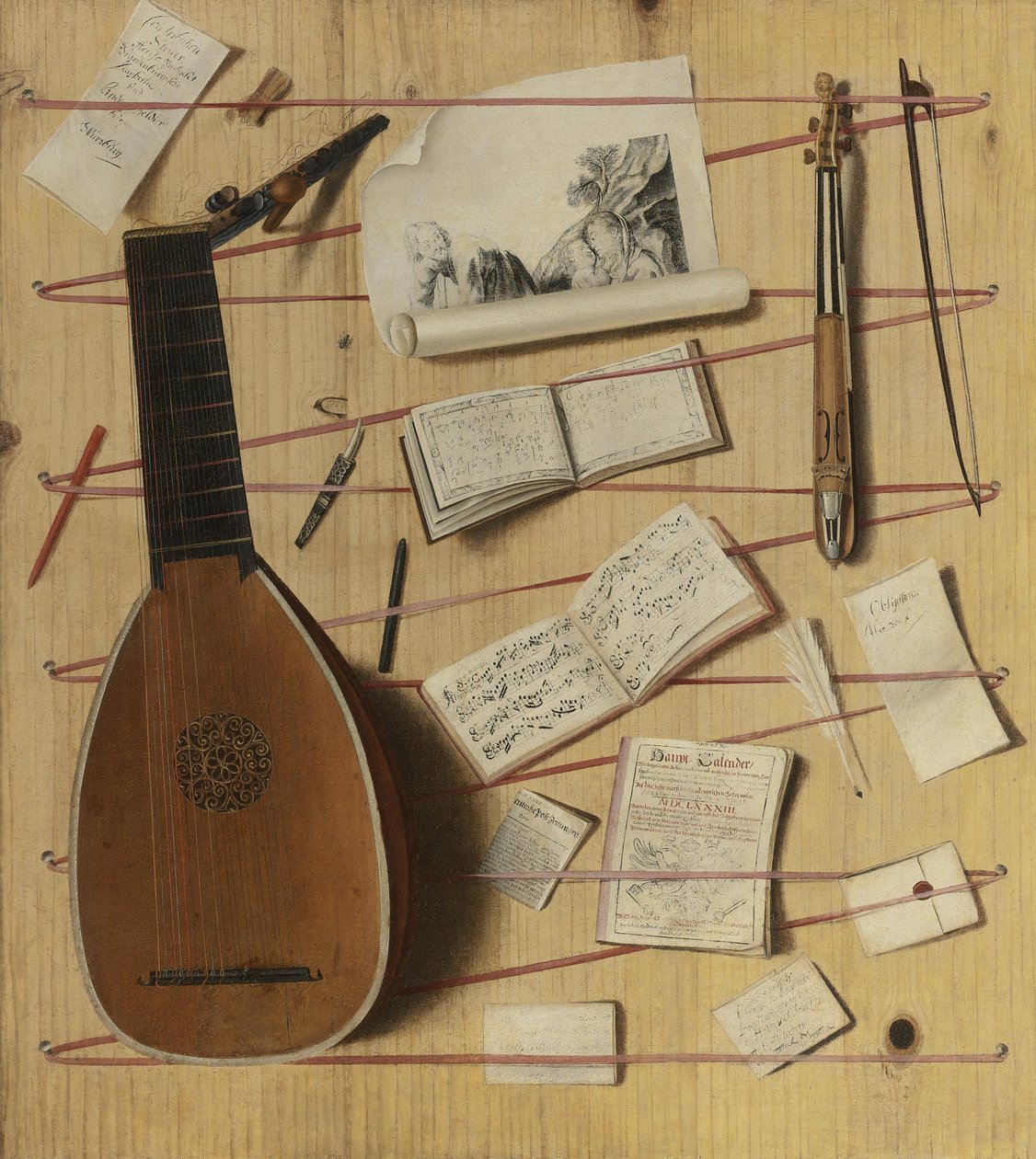 Trompe loeil ainda vida com alaúde, rebec e partituras de Cornelis Norbertus Gijsbrechts