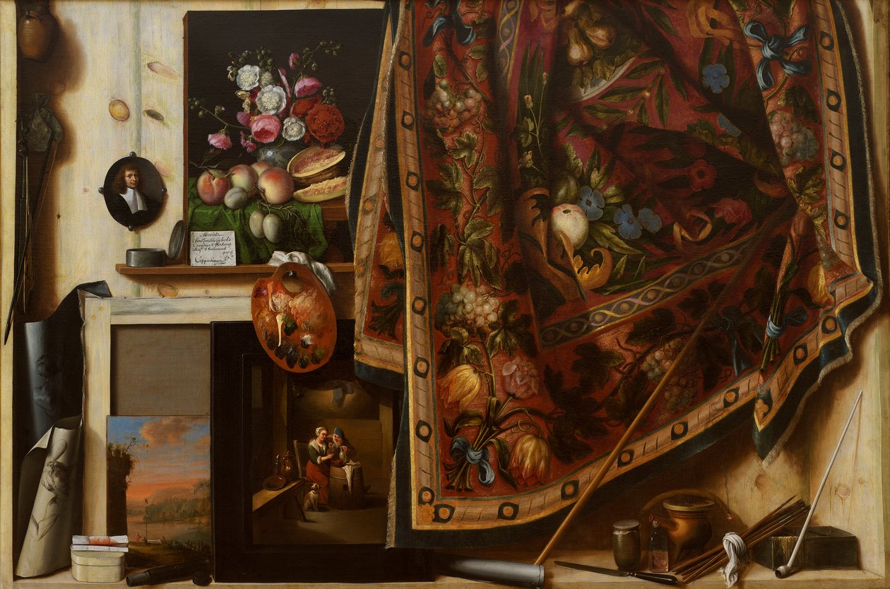 Ilusão de óptica. Um gabinete no estúdio do artista de Cornelis Norbertus Gysbrechts