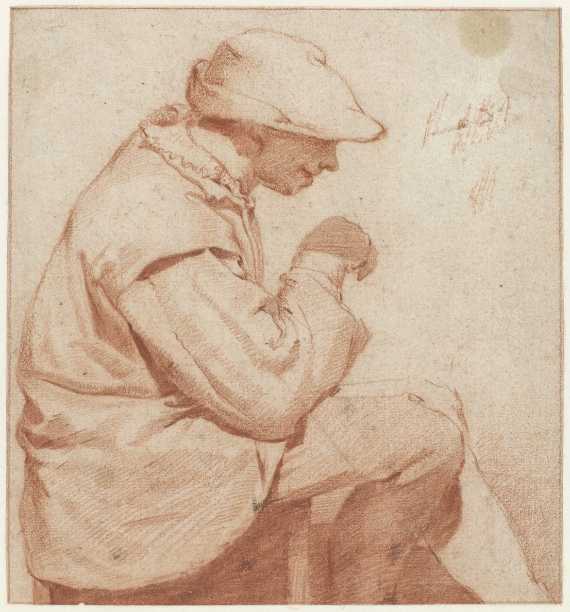 Homem sentado com um boné macio, de perfil à direita, com a mão direita levantada de Cornelis Pietersz. Bega (attributed to)