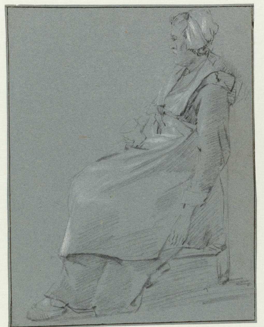 Mulher sentada, de perfil à esquerda, usando uma pequena touca e segurando um copo na sua mão direita de Cornelis Pietersz. Bega (circle of)