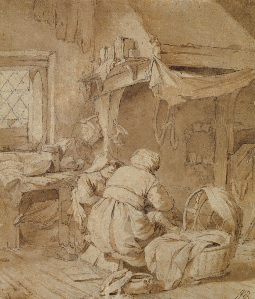 Parlour fazenda com fazendeiro, berço e criança, c.1654 (caneta e tinta e pincel sobre lápis sobre papel) de Cornelis Pietersz Bega
