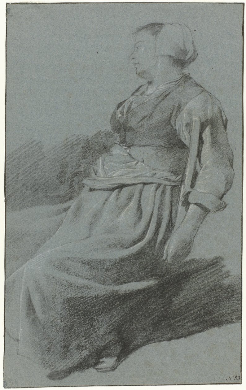 Mulher sentada, virada para a esquerda e usando um boné, com o braço pendurado nas costas de uma cadeira à esquerda de Cornelis Pietersz. Bega