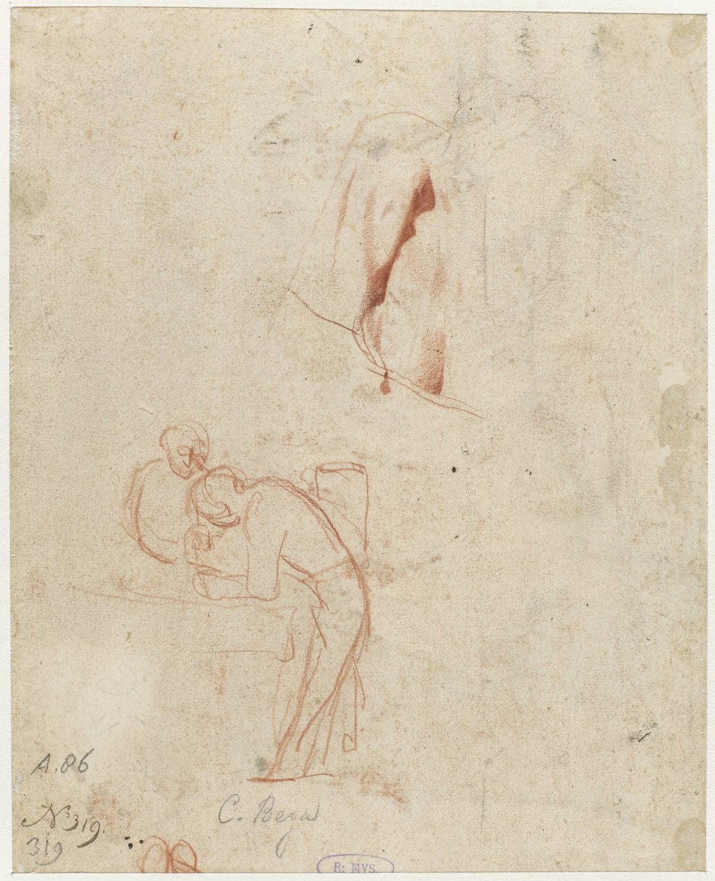 Esboço de duas figuras em pé e um estudo de cortinas de Cornelis Pietersz. Bega