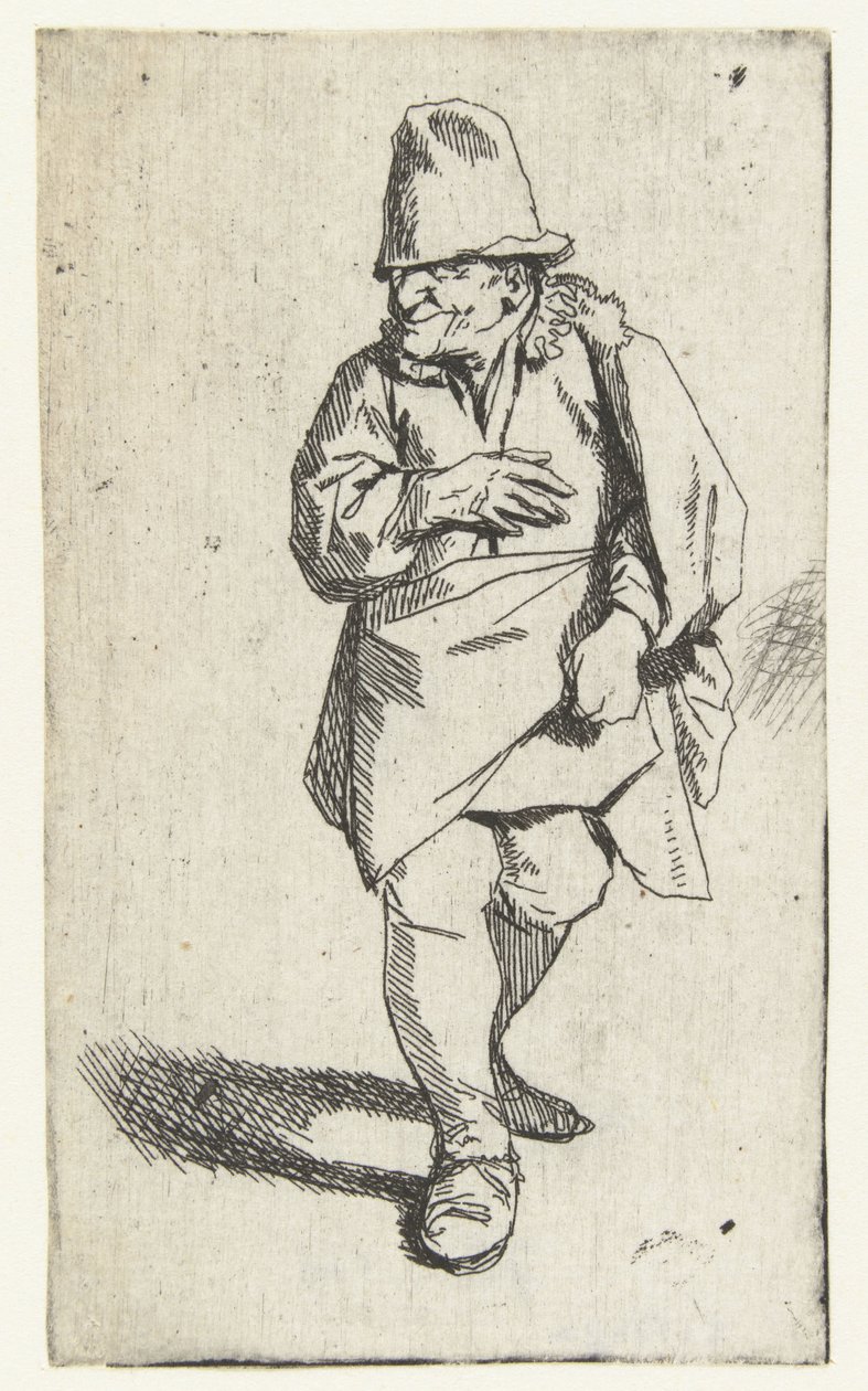 Homem de pé com cartola ou boné, mão direita na frente do peito de Cornelis Pietersz. Bega