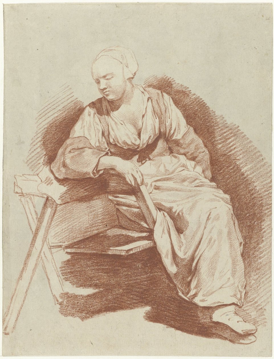 Estudo de uma mulher sentada, apoiada no seu braço direito de Cornelis Pietersz. Bega