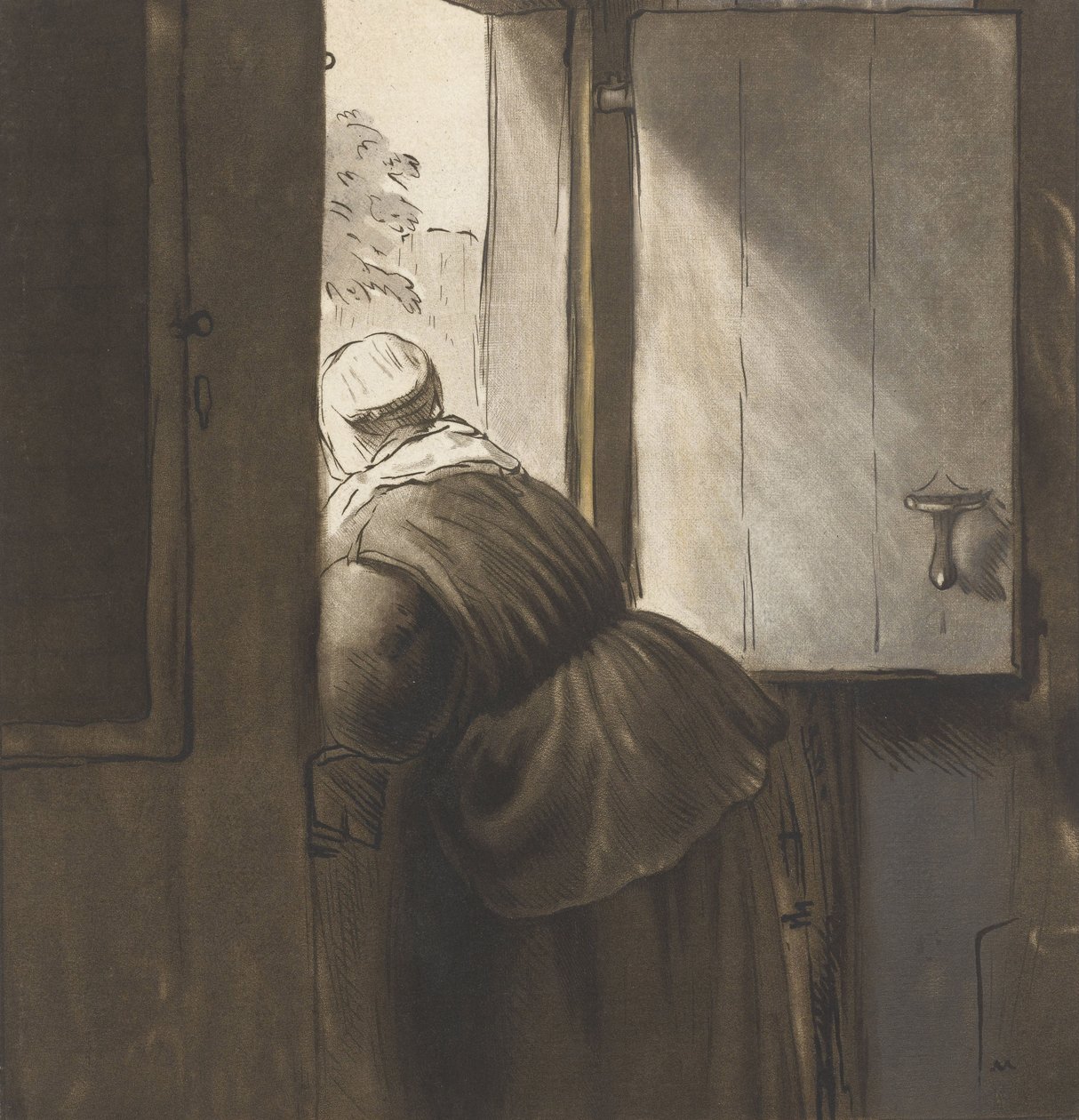 Uma mulher encostada na porta de baixo, depois de Rembrandt van Rijn de Cornelis Ploos van Amstel