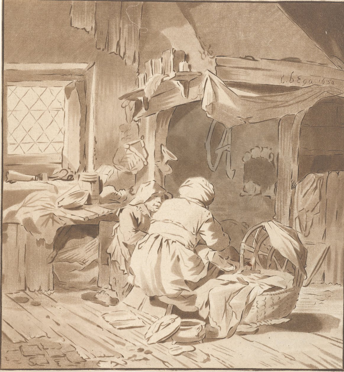 Interior da fazenda com duas mulheres de Cornelis Ploos van Amstel (signed by artist)