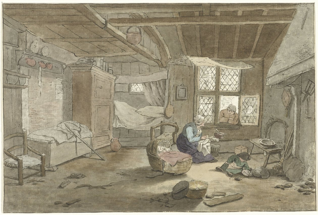 Interior com mulher por berço de Cornelis Ploos van Amstel (signed by artist)