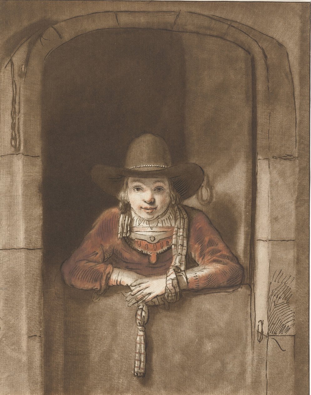 Rapaz inclinado sobre uma porta inferior de Cornelis Ploos van Amstel (signed by artist)
