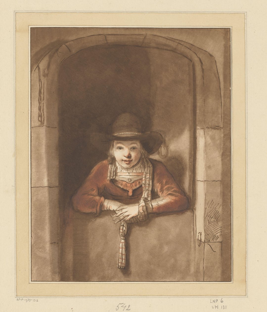 Rapaz inclinado sobre uma porta inferior de Cornelis Ploos van Amstel (signed by artist)