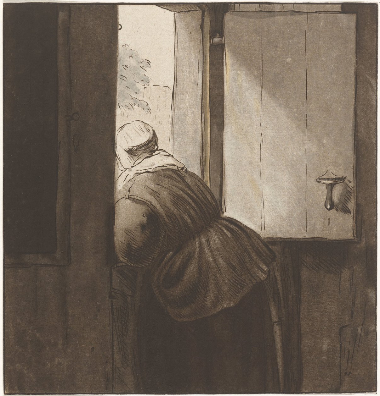 Mulher inclinada sobre uma porta inferior de Cornelis Ploos van Amstel (signed by artist)