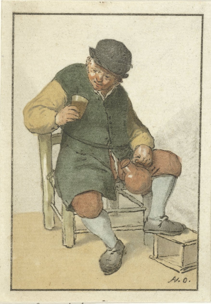 Agricultor sentado com jarro de Cornelis Ploos van Amstel (signed by artist)