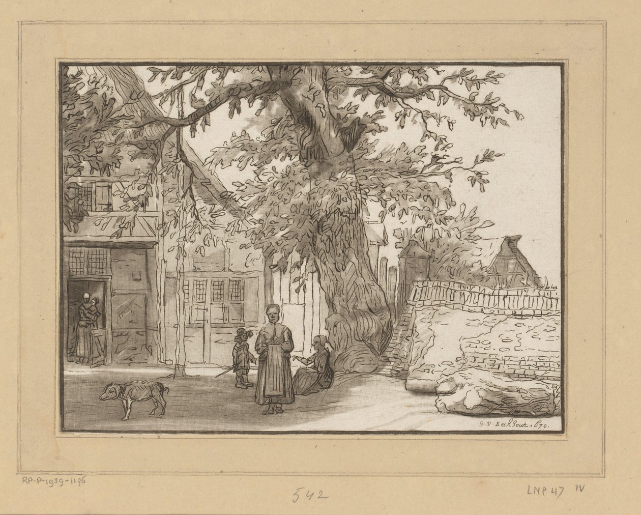 Pousada em Anrath Vista da vila com grande árvore de Cornelis Ploos van Amstel
