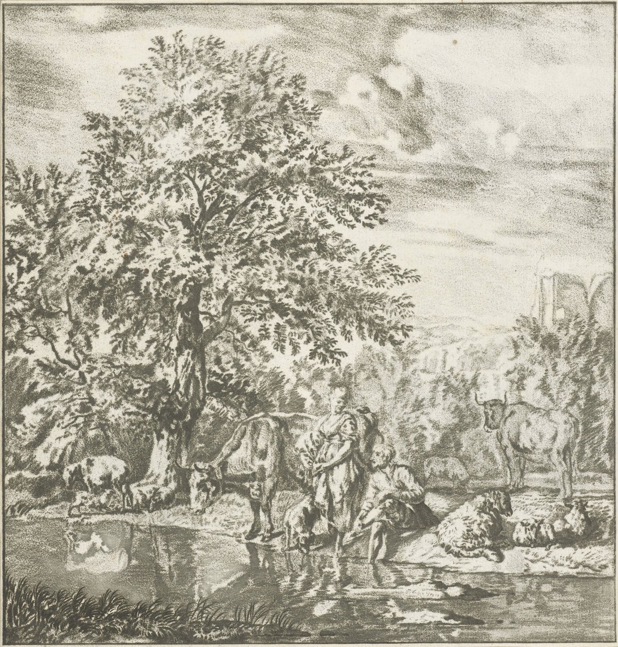 Pastor e pastora com rebanho junto a um rio
Trabalho de impressão (título da série) de Cornelis Ploos van Amstel