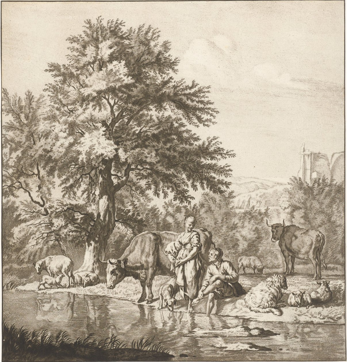 Pastor e pastora com rebanho por um rio Trabalho impresso (título da série) de Cornelis Ploos van Amstel