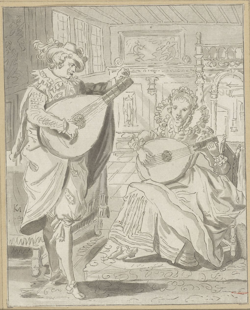 Alaúde tocando cavalheiro e dama de Cornelis Ploos van Amstel