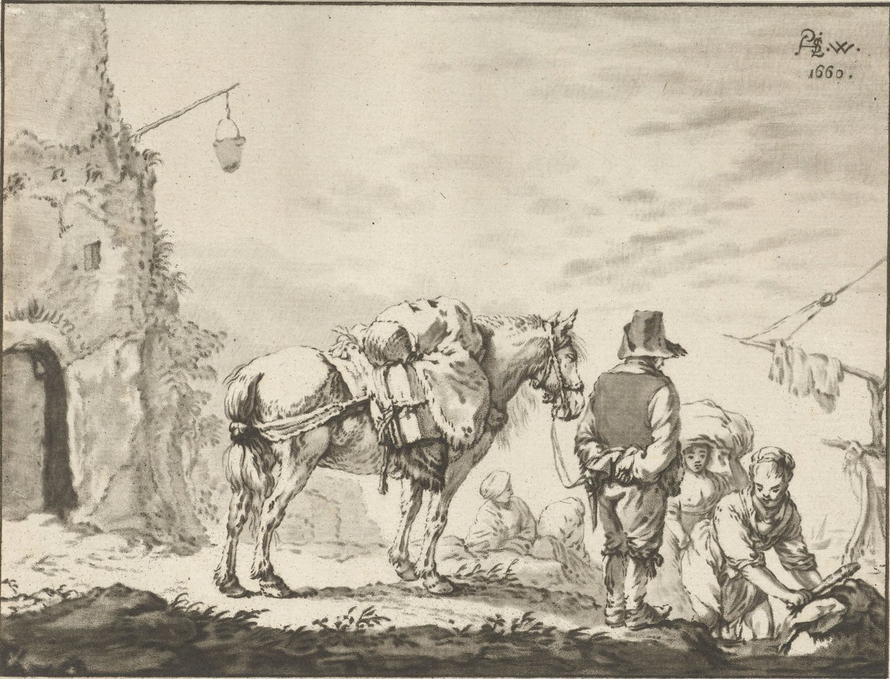 Homem com cavalo com lavadeira de Cornelis Ploos van Amstel