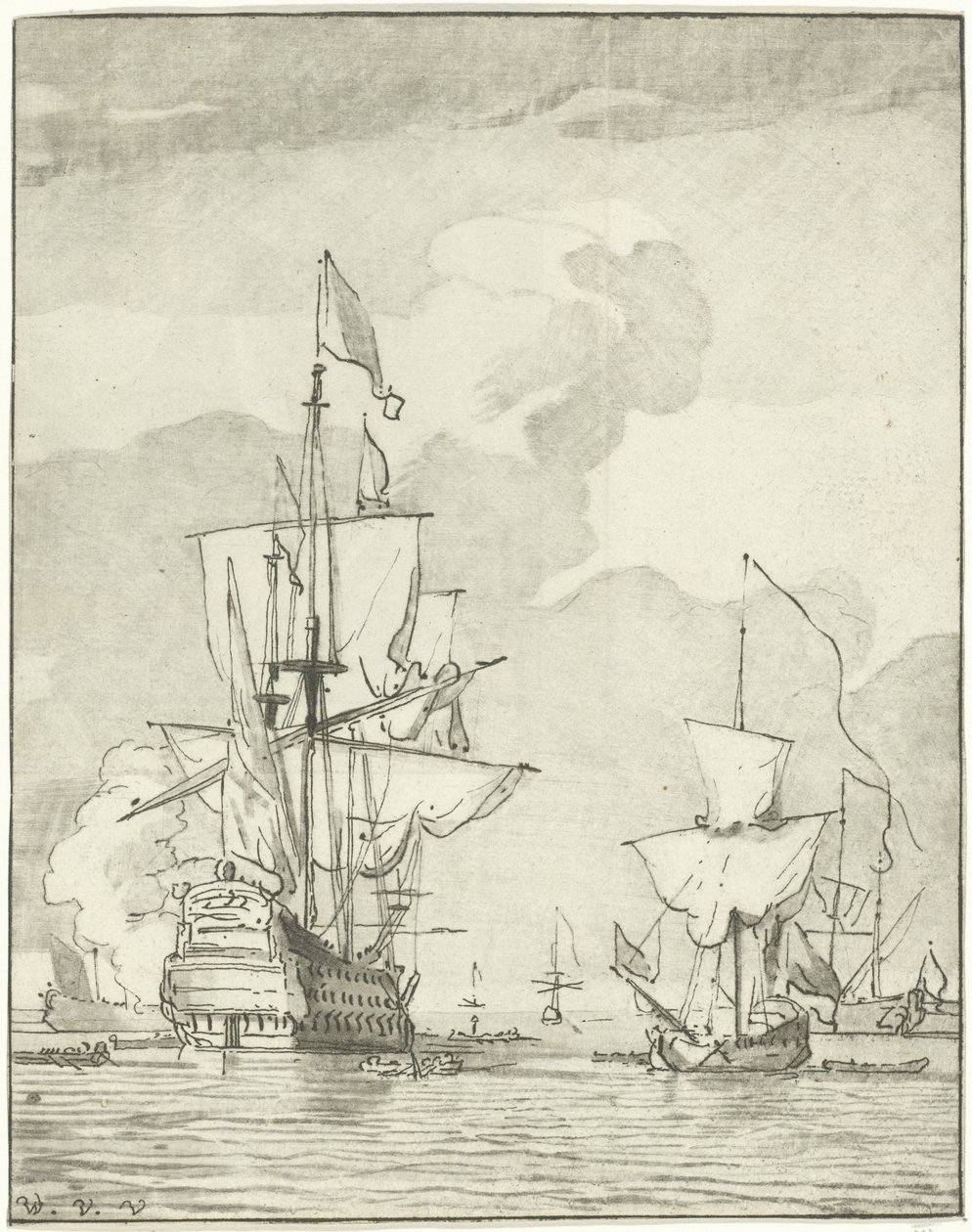 Navio de guerra a soltar um tiro de Cornelis Ploos van Amstel