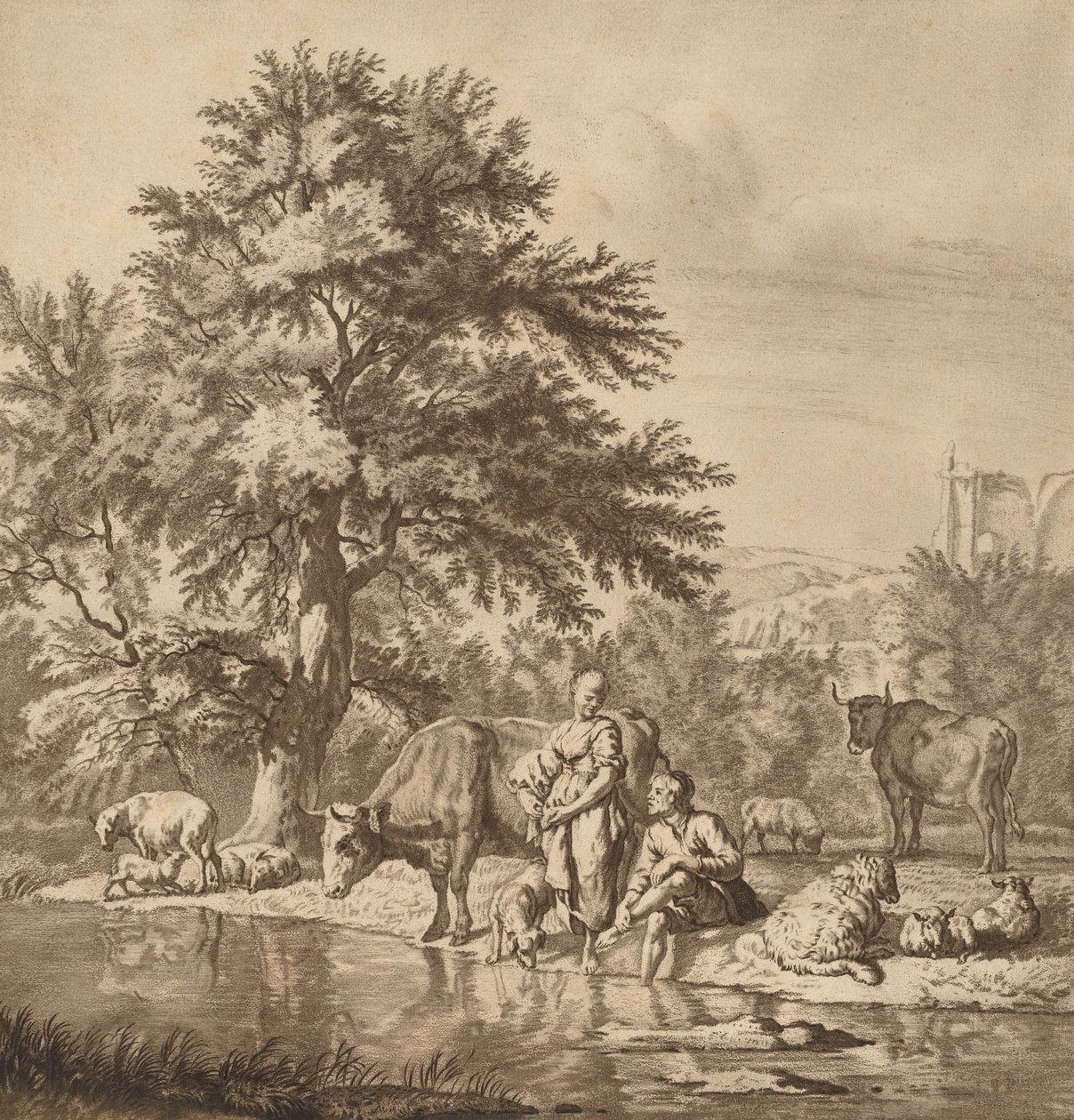 Pastor e pastora com seu rebanho, 1763, publicado em 1765. de Cornelis Ploos van Amstel