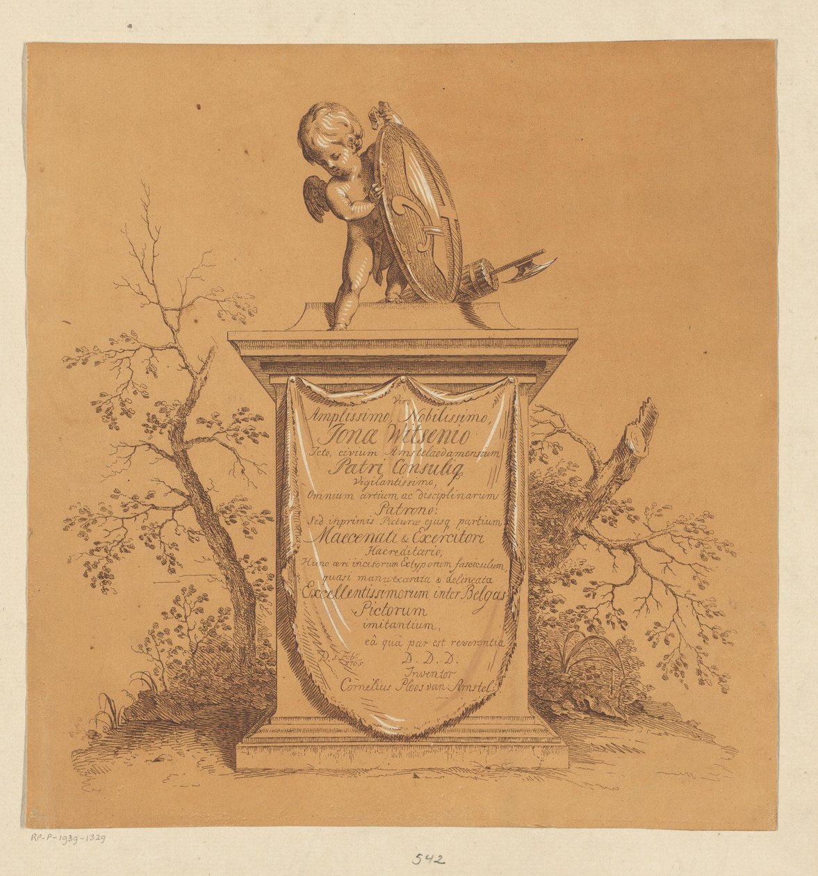 Colocado de pé num monumento com dedicação a Jonas Witsen de Cornelis Ploos van Amstel