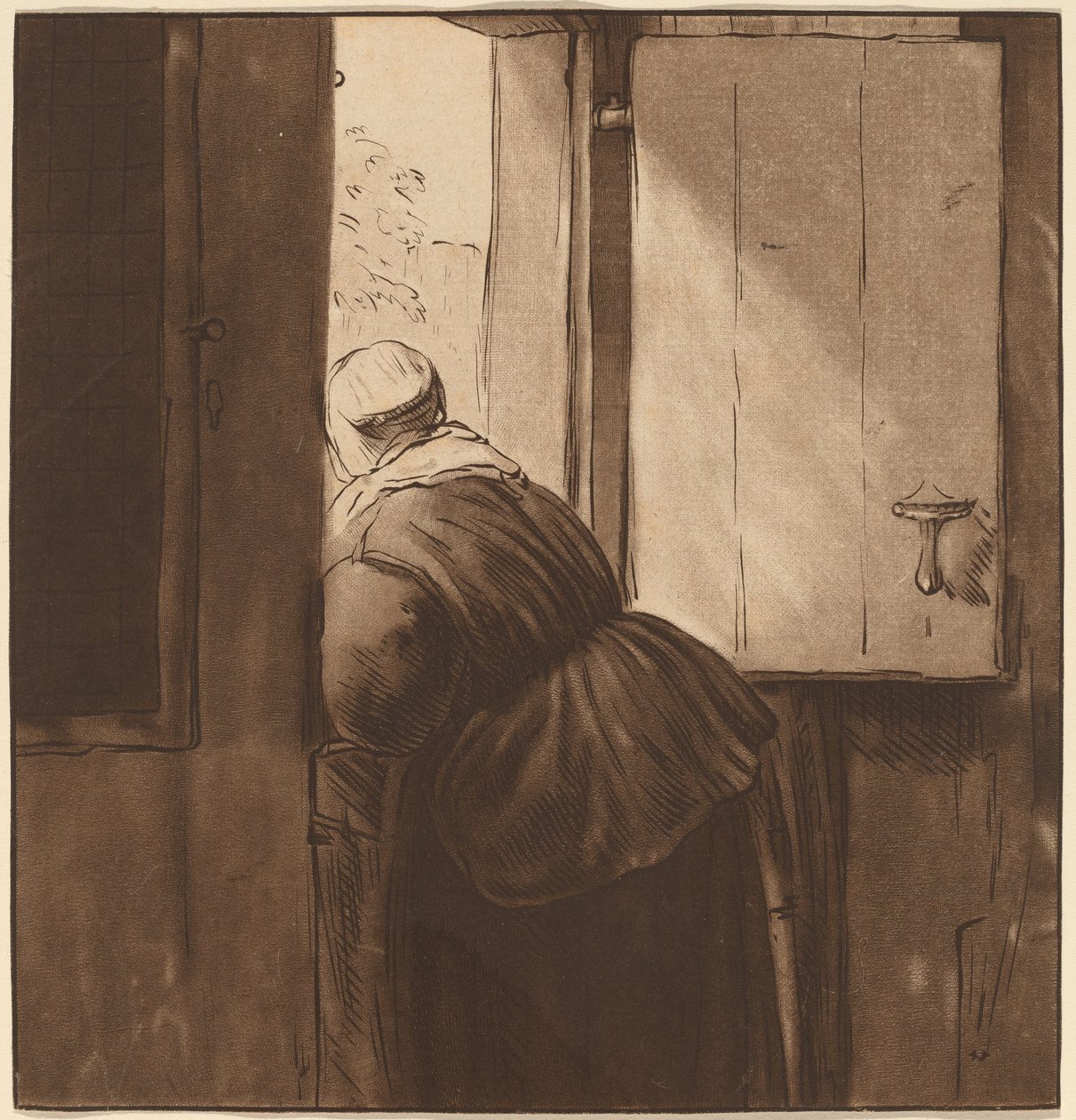 Mulher inclinada sobre uma porta inferior, 1761, publicado em 1765. de Cornelis Ploos van Amstel