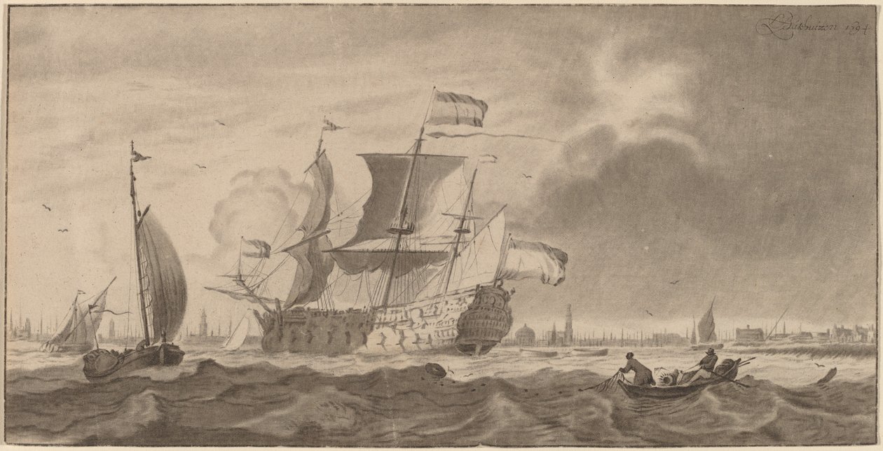 Navio de Guerra no Y de Cornelis Ploos van Amstel and Bernhard Schreuder, after Ludolf Backhuysen