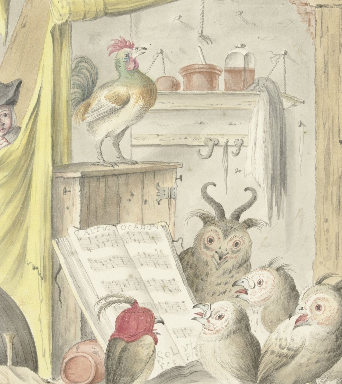 Interior com concerto de aves de Cornelis Saftleven (possibly)
