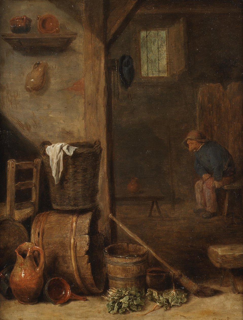Interior de uma cozinha com uma figura sentada na sala adjacente de Cornelis Saftleven