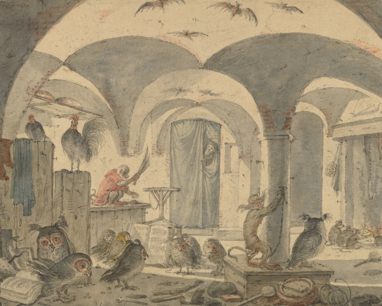 Uma adega encantada com animais de Cornelis Saftleven