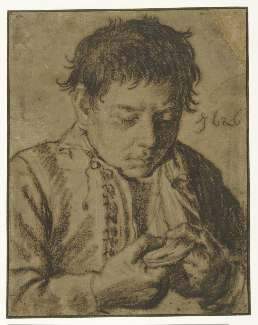 Menino pegando pulgas, metade do comprimento de Cornelis Saftleven