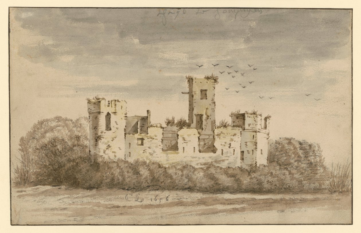 Ruínas de castelo, cobertas de arbustos densos de Cornelis Saftleven