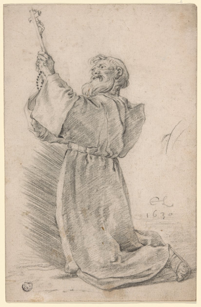 Monge ajoelhado segurando um crucifixo de Cornelis Saftleven