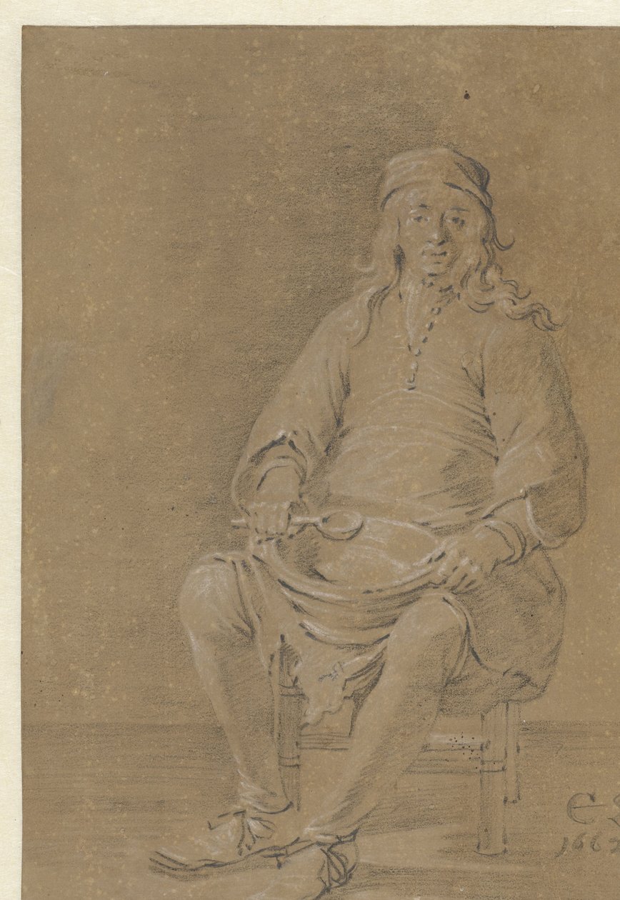 Homem sentado com uma tigela no colo de Cornelis Saftleven