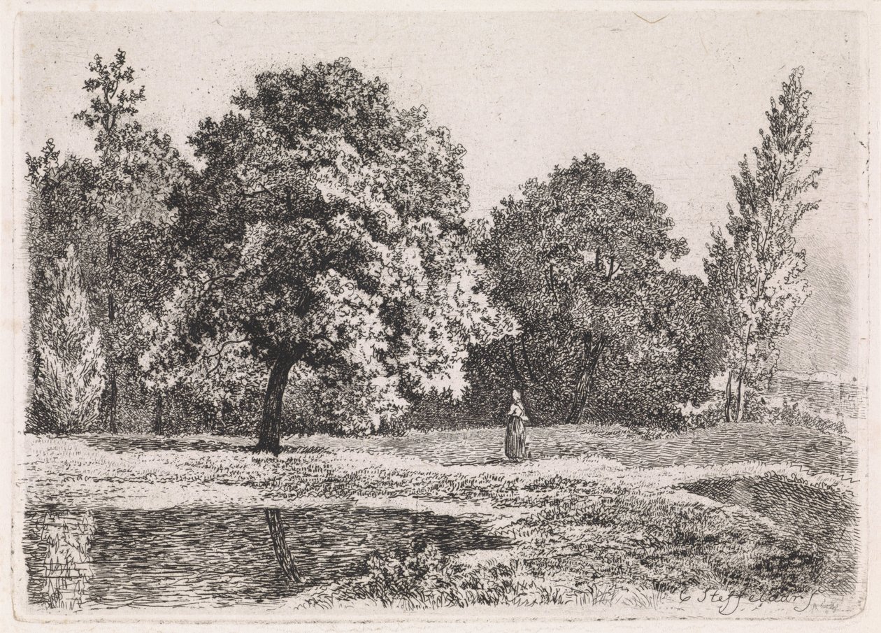 Paisagem com árvores, lago e uma mulher Quinta suíte (título da série) de Cornelis Steffelaar