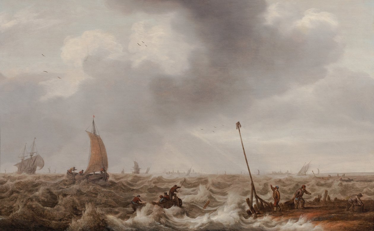 Transporte em mares agitados ao longo da costa com um cais, farol e uma cidade à distância, c.1600-55 (óleo no painel) de Cornelis Stooter
