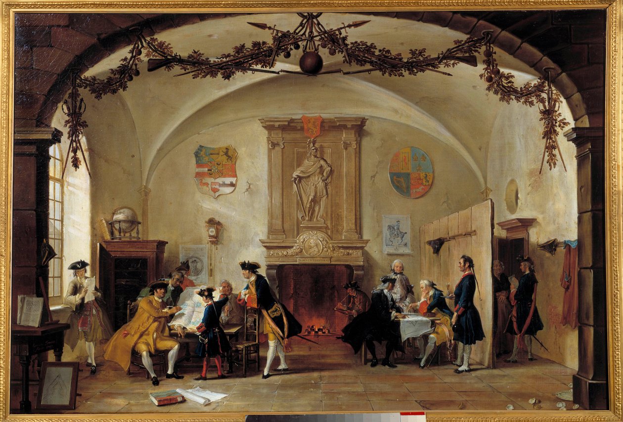 Alegoria de guerra contra a França Soldados holandeses estudam estratégias durante a Guerra da Sucessão Espanhola (1701-1714) entre França e Espanha e uma coalizão formada pela Inglaterra, Holanda e Prússia. Pintura de Cornelis Troost (1697-1750) 1747 Os H de Cornelis Troost