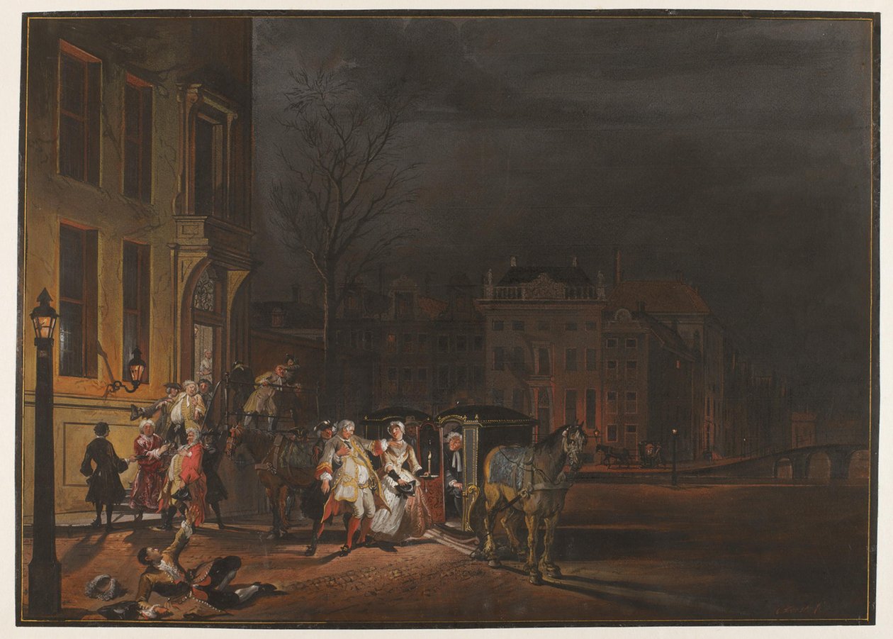A partida de um grupo de ilustres cavalheiros após uma alegre soirée de Cornelis Troost