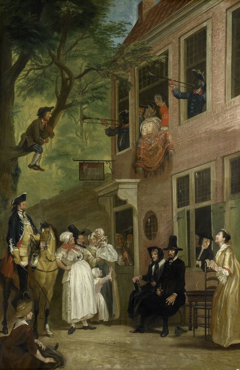 Misled: O embaixador dos patifes Expõe-se da janela de "t Bokki Tavern no Haarlemmerhout, c.1739 de Cornelis Troost