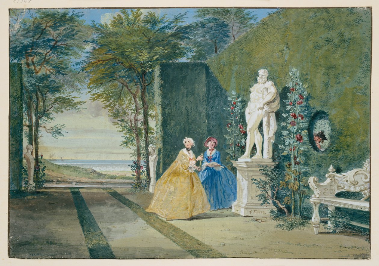 Vista de um parque com duas jovens senhoras junto a uma estátua de Hércules de Cornelis Troost