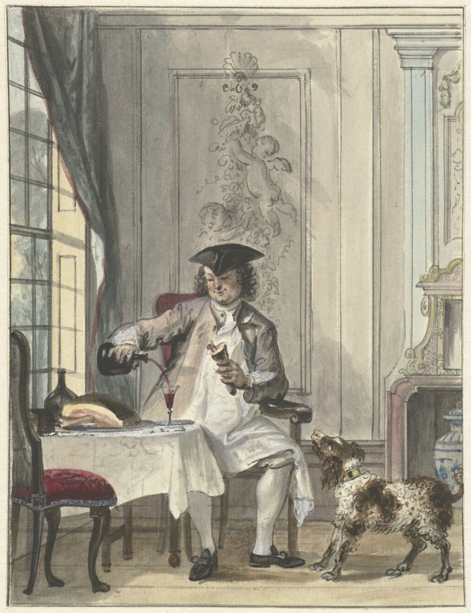 Homem que janta com um copo de vinho um jerky de Cornelis Troost