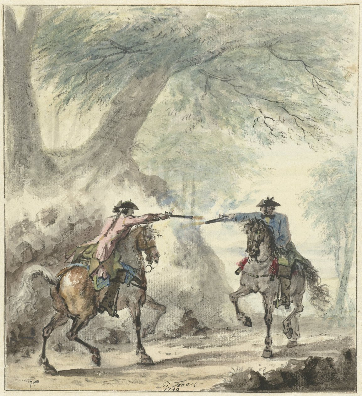 Dois cavaleiros, encontrando-se em uma estrada florestal e atirando um no outro de Cornelis Troost